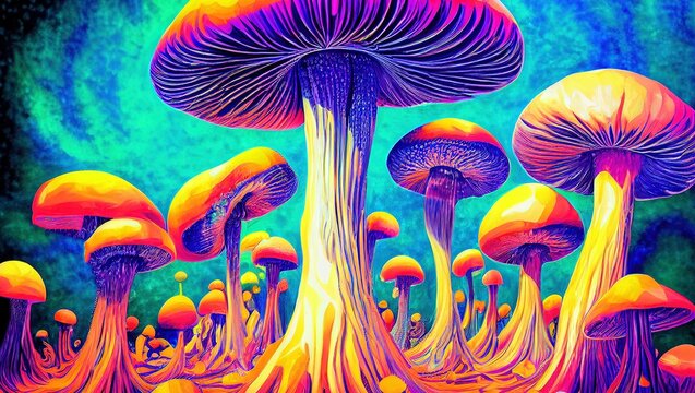 Illustration of a colorful psychedelic mushrooms