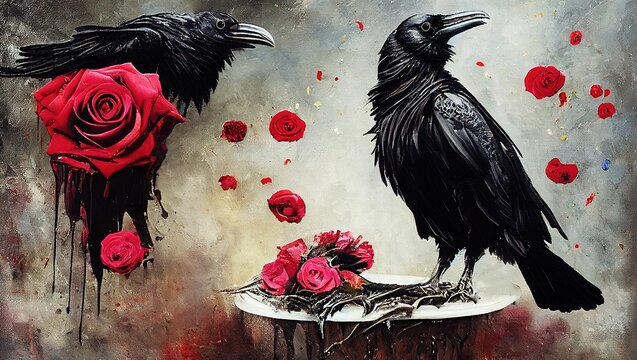 Illustration of a ravens and roses