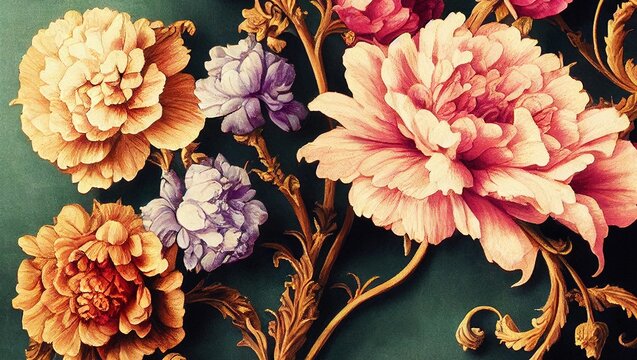 Illustration of a rococo floral tetradic color