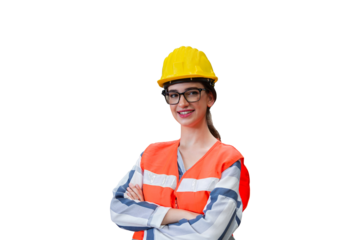 Woman engineer wear safety uniform and helmet on transparent background