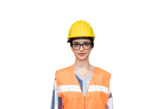 Woman engineer wear safety uniform and helmet on transparent background