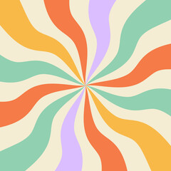 1970 abstract groovy trippy pattern. Wavy swirl seventies style. Hippie aesthetic square background. Psychedelic curvy beams diverging from the center. Optic illusion.