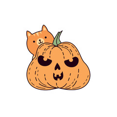 Drawing of a funny pumpkin with a red cat