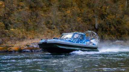 an airboat on the rapids of the river. The boat is on the screw. Yellow autumn forest in the mountains. 