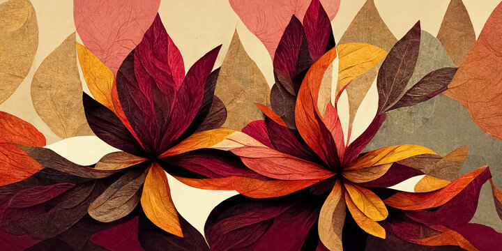 Autumn leaves, warm colour tones, floral design, banner size digital painting with texture, detailed background design. Created with generative ai technology