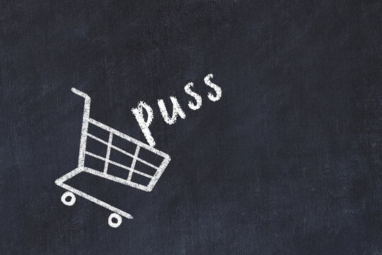 Chalk drawing of shopping cart and word puss on black chalboard. Concept of globalization and mass consuming