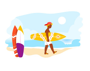 Fototapeta na wymiar Man carry surfboard on the beach