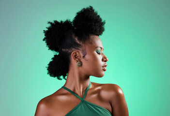 Black woman, green makeup and face on skin for beauty, fashion and cosmetics against backdrop....