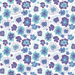 Cute floral seamless pattern in blue colors for kids, raster version