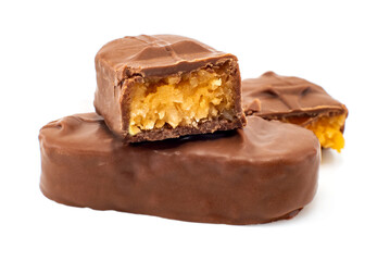 Chocolate bar with coconut on a white background. Chocolate with coconut flakes isolate