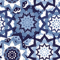 Abstract seamless pattern in soft blue and white colors, mandala design, yoga theme. Raster version