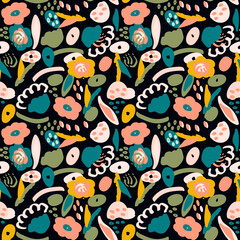 Creative hand drawn floral seamless pattern, raster version. Abstract colorful texture in 80-s style