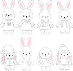 rabbits set sketch ,outline icon isolated vector
