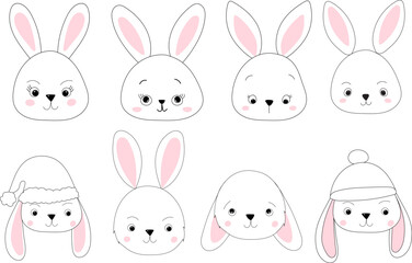 portrait rabbit set sketch ,outline icon isolated vector
