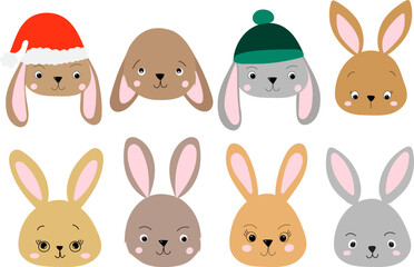 rabbit portrait cartoon set on white background, isolated vector