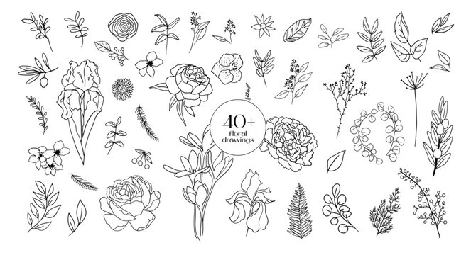 Black vector one-line drawing set, floral continuous line illustration for beauty salons, events, any personal occasions isolated on white background