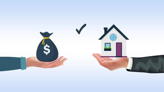 House Money Exchange with Hands Animation. Business man holding Money and buying a home for Real Estate, Houses Flipping and Long Term Investment