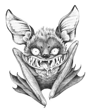 Black and white isolated image of a Halloween bat in cartoon style. Ink drawing.