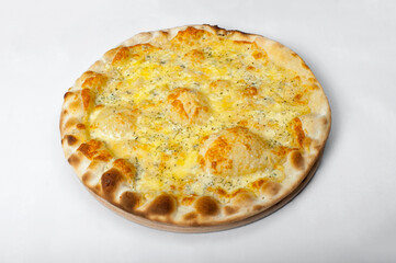 Cheese pizza served on wooden board