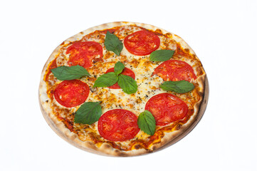 Pizza Margherita with mozzarella, tomatoes and basil leaves