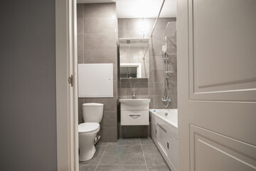 Fototapeta na wymiar Interior of modern minimalist bathroom with bathtub, toilet, wash basin and shower. View through doorway