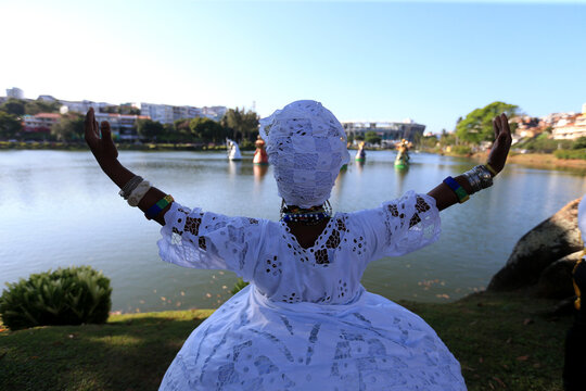 salvador, bahia, brazil - september 29, 2022: sculptures of Orixa - entity of African matter religions - exposed in the lake of Dique do Tororo, in Salvador.