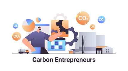 carbon credit concept businessman entrepreneur rotating cogwheel responsibility of co2 emission environment strategy