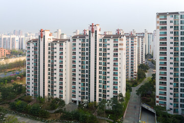 Fototapeta na wymiar BUCHEON, SOUTH KOREA: aerial view of typical apartment buidings (called Danji in Korean)