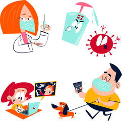 Fototapeta na wymiar Set of Stickers Vaccination for Travelers, Covid Immune Medical Certificate Theme. Characters in Mask with Luggage and Health Passport, Crossed Coronavirus Cell. Cartoon People Vector Illustration