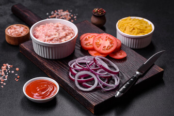 Fototapeta na wymiar Raw ingredients for delicious Italian pasta: tomatoes, minced meat, pasta, spices and herbs