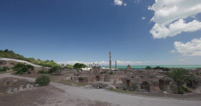 Cloudy panoramic rotating view of Baths of Antoninus. Carthage, Tunisia.