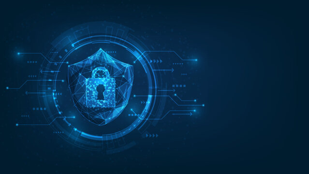 protection security technology digital on blue dark background. cyber data shield security low poly wireframe. prevent online network theft system. vector illustration abstract fantastic design.