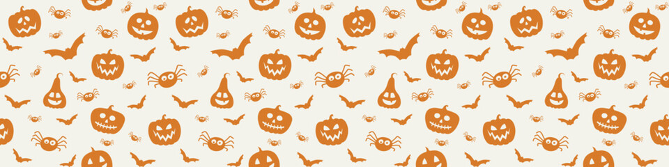 Halloween banner with funny pumpkins, bats and spiders. Wallpaper. Vector