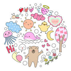 Kawaii set fashion patches badges for sticker , postcard , invitation . vector illustration for kids on a circle background