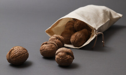 Walnuts pouring out of a bag on a gray background. Shallow depth of field
