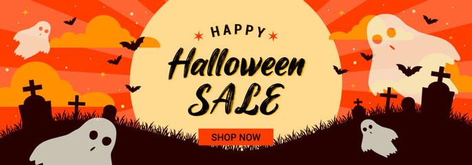 Happy Halloween sale banner vector design. Halloween night with spooky ghost at the graveyard background.