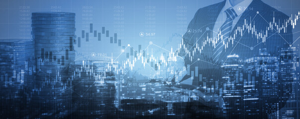 financial chart with line graph in stock market and business man on cityscape background
