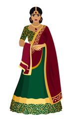 National fashion. A Hindu woman in traditional dress - green with a dark red sari embroidered with gold. Flat vector illustration.