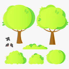 Set of green city trees and bushes with bullfinches