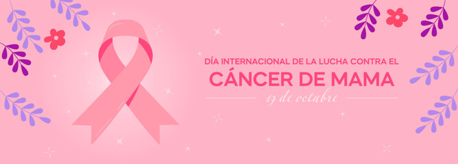 Banner del Día Mundial de la Lucha Contra el Cáncer de Mama con listón rosa. 
