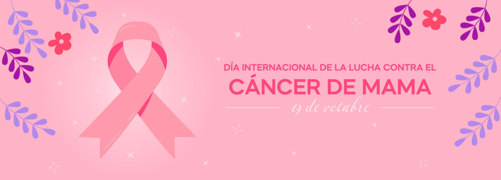 Banner del D&iacute;a Mundial de la Lucha Contra el C&aacute;ncer de Mama con list&oacute;n rosa. 