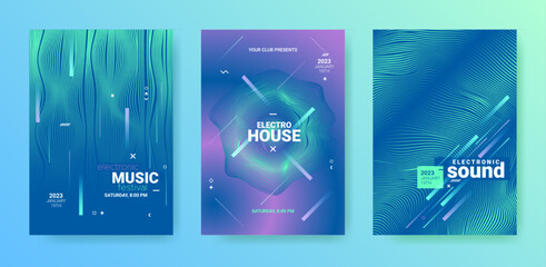 Edm Party Flyer Set. Techno Music Dance Cover. Electronic Sound Illustration. Abstract 3d Background. Vector Edm Poster. Geometric Festival Banner. Gradient Wave Round. Futuristic Edm Poster.