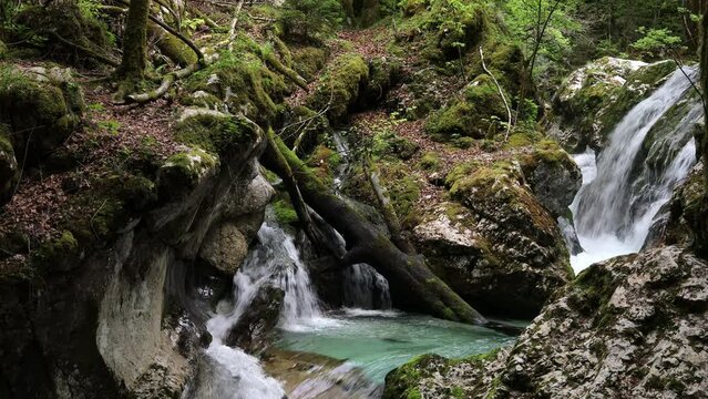 Beautiful natural landmark of Gorges Sunikov Vodni gay Waterfalls and Canyon in julian Alps Slovenia