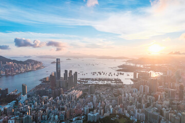 Beautiful aerial view of the Downtown areaa of Kowloon West, Hong Kong. Dawn golden hours