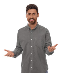 Handsome man gesturing on white background. Weather forecast reporter