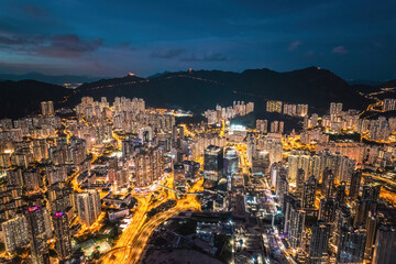 Fototapeta na wymiar Epic night aerial view of the downtown of Kowloon, Towakwa and Hung Hom Area, Hong Kong