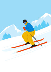 Fototapeta na wymiar Skier rides on skis in mountain. Man is skiing down hill. Winter outdoor activities, sport. Wintertime fun. Mountain landscape