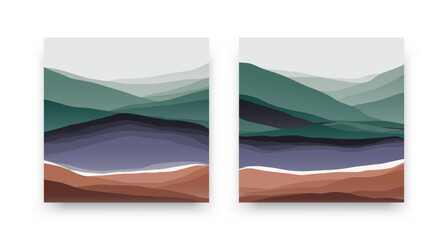 Square mountain landscape posters. Abstract contemporary nature background minimal scenery art print design. Vector set