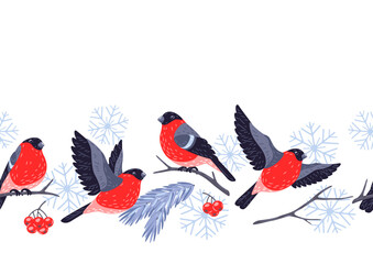 Winter seamless pattern with birds bullfinches and plants. Merry Christmas and Happy New Year card.