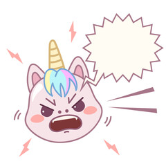 Angry unicorn. Fantasy pet head in kawaii cartoon style. Hand drawn animal with bubble speech. Vector illustration isolated on white background.
